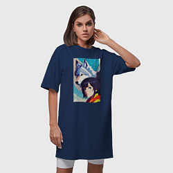 Футболка женская-платье Girl and wolf - anime - neural network -art, цвет: тёмно-синий — фото 2