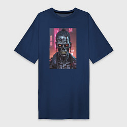 Футболка женская-платье Зомби зловещий скелет киберпанк, цвет: тёмно-синий
