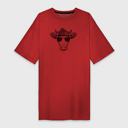 Футболка женская-платье Голова модной коровы, цвет: красный