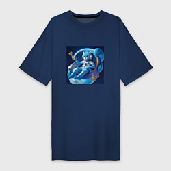 Футболка женская-платье Голубой котик космонавт с коктейлем, цвет: тёмно-синий