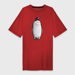 Футболка женская-платье Пингвин стоит анфас, цвет: красный