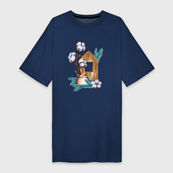 Футболка женская-платье Деревянный домик со свечой, хлопком и еловыми ветк, цвет: тёмно-синий