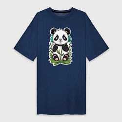 Футболка женская-платье Медвежонок панды в наушниках, цвет: тёмно-синий