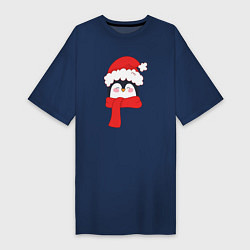 Футболка женская-платье Новогодний пингвин в шапке Деда Мороза, цвет: тёмно-синий