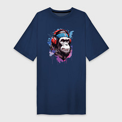 Футболка женская-платье Шимпанзе в наушниках, цвет: тёмно-синий