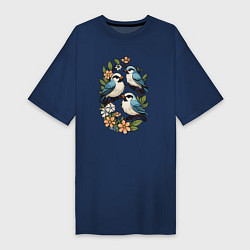 Женская футболка-платье Три птицы на ветках в цветах