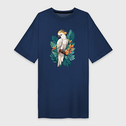 Футболка женская-платье Попугай какаду и тропические листья, цвет: тёмно-синий