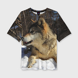 Женская футболка оверсайз Волк лежит на снегу