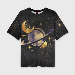 Женская футболка оверсайз Сатурн, луна, спутник и звезды