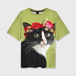 Женская футболка оверсайз Кот и цветы