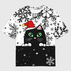 Футболка оверсайз женская Новогодний кот в колпаке Санты, цвет: 3D-принт