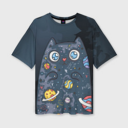Женская футболка оверсайз Космический кот в планетах
