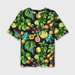 Футболка оверсайз женская Сочные фрукты - персик, груша, слива, ананас, цвет: 3D-принт
