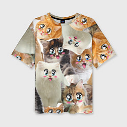 Женская футболка оверсайз Много кошек с большими анимэ глазами