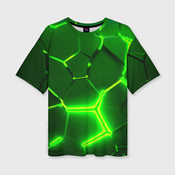 Женская футболка оверсайз 3D ПЛИТЫ НЕОН NEON GREEN HEXAGON РАЗЛОМ