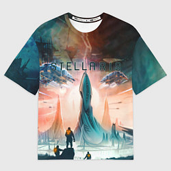 Футболка оверсайз женская Stellaris космические корабли на фоне башни, цвет: 3D-принт
