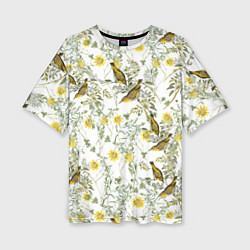 Женская футболка оверсайз Цветы Жёлтые С Птицами