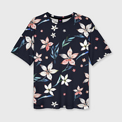Женская футболка оверсайз Цветы Нарисованные Акварелью На Чёрном Фоне