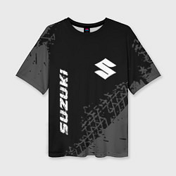 Женская футболка оверсайз Suzuki Speed на темном фоне со следами шин