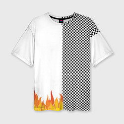 Женская футболка оверсайз Шахматаня клетка с огнём