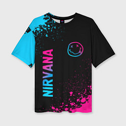 Футболка оверсайз женская Nirvana - neon gradient: символ и надпись вертикал, цвет: 3D-принт