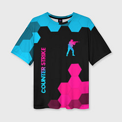 Женская футболка оверсайз Counter Strike - neon gradient: символ и надпись в