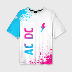 Женская футболка оверсайз AC DC neon gradient style: символ и надпись вертик