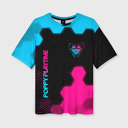 Футболка оверсайз женская Poppy Playtime - neon gradient: символ и надпись в, цвет: 3D-принт