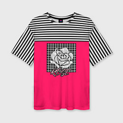 Женская футболка оверсайз Аппликация Роза на клетчатом фоне