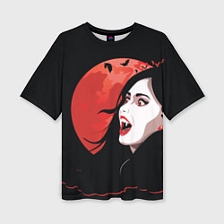 Женская футболка оверсайз Вампирша на фоне красной луны