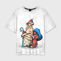 Женская футболка оверсайз Дед Мороз спешит с подарками на фоне снежинок
