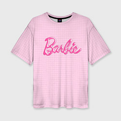Женская футболка оверсайз Барби - логотип на клетчатом фоне