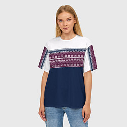 Футболка оверсайз женская Скандинавский орнамент на синем, бордовом фоне, цвет: 3D-принт — фото 2
