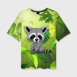 Футболка оверсайз женская Енот на фоне зеленой листвы, цвет: 3D-принт