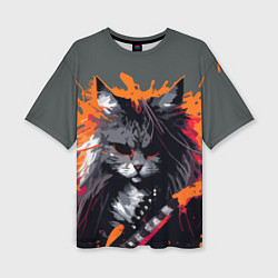 Футболка оверсайз женская Rocker Cat on a gray background - C-Cats collectio, цвет: 3D-принт