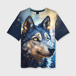 Женская футболка оверсайз Волк на синем фоне