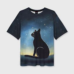 Женская футболка оверсайз Черный кот и звезды - акварель
