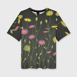 Женская футболка оверсайз Полевые цветочки на темном фоне