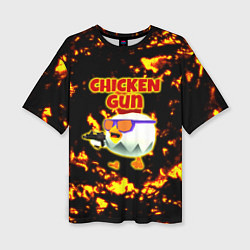 Женская футболка оверсайз Chicken Gun на фоне огня
