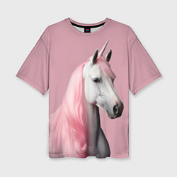 Женская футболка оверсайз Единорог розовая грива