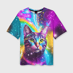 Женская футболка оверсайз Полосатый кот с разноцветной звездной туманностью