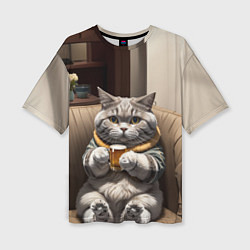 Женская футболка оверсайз Кот сидит на диване с напитком