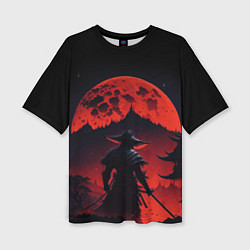 Женская футболка оверсайз Самурай, деревня и луна - мрачный