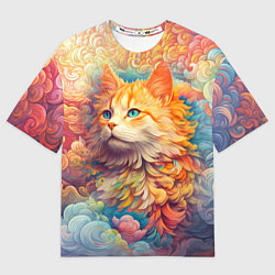 Женская футболка оверсайз Рыжий кот в цветных облаках