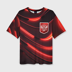 Женская футболка оверсайз Красный неоновый герб России