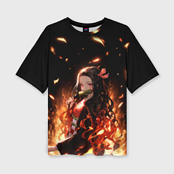 Женская футболка оверсайз Незуко и пламя - клинок