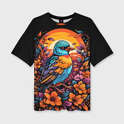 Женская футболка оверсайз Тропическая птица и листья