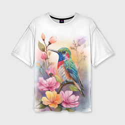 Женская футболка оверсайз Колибри и цветы - акварель