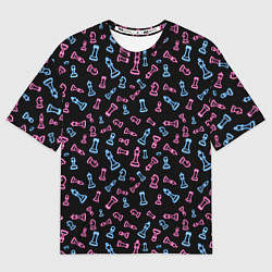 Женская футболка оверсайз Неоновые розовые и голубые шахматные фигуры на чер