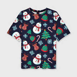 Женская футболка оверсайз Снеговички с рождественскими оленями и елками